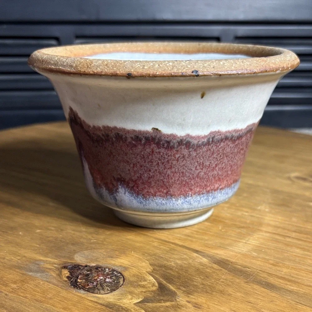 Vintage Studio Pottery Vase Handcrafted Red White Blue Swirl Drip Design 4